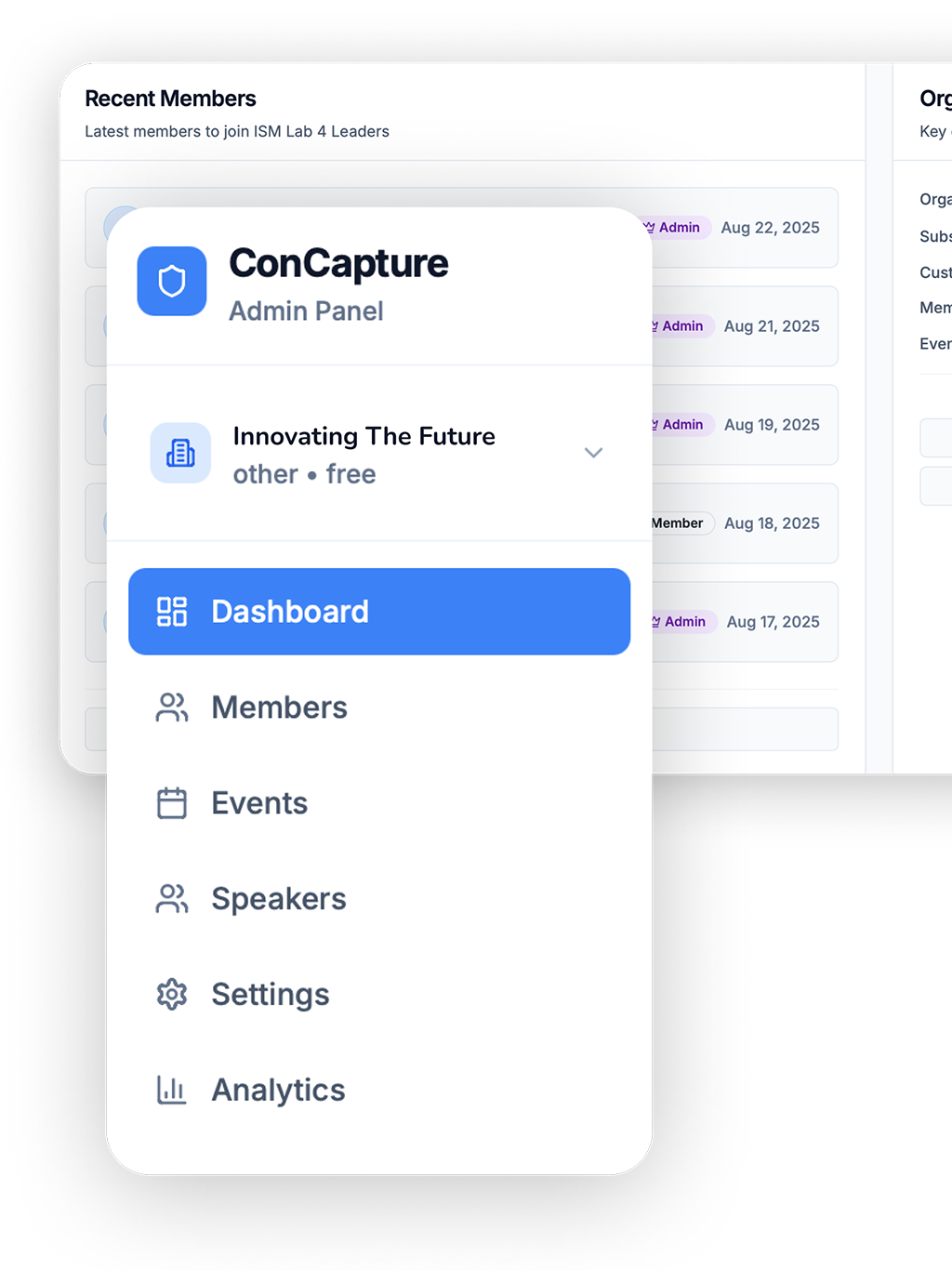 ConCapture event management dashboard showing attendee tracking and data analytics